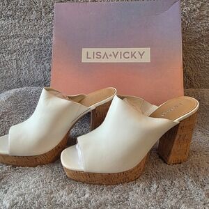 NEW Lisa Vicky White Leather Platform Cork Heel Mules‎ Slides Women's Size 11